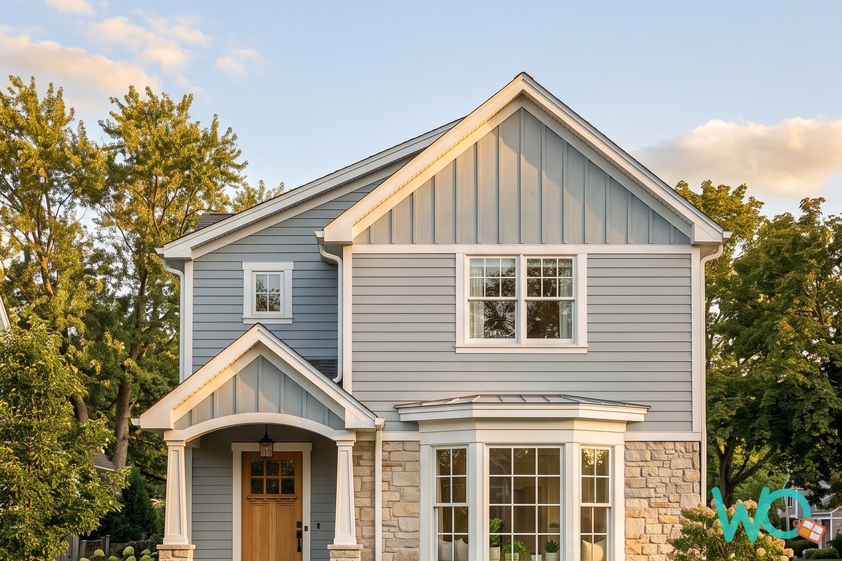 A bay window projecting from the front of a two-story American home