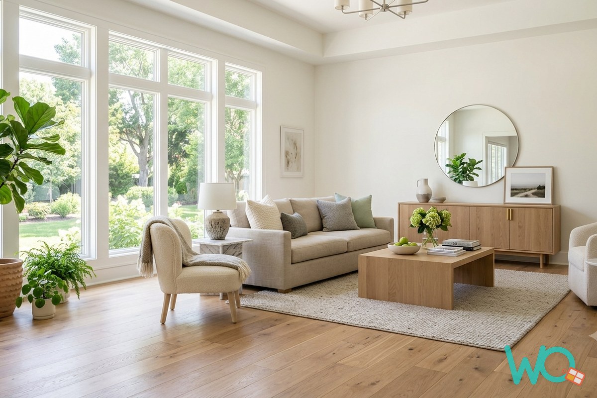 A bright, freshly updated living room filled with natural light from large new windows