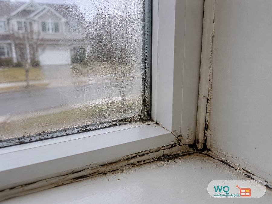 Black mold growing along the frame and sill of a condensation-covered window, showing what happens when a fogged window is left untreated