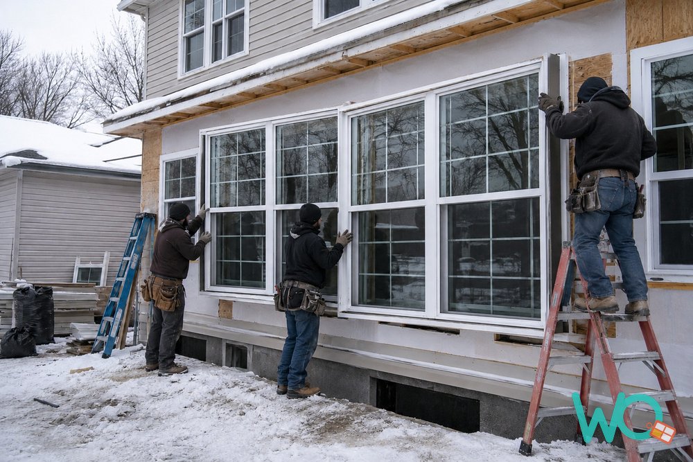 A snow-covered suburban American home in winter, the off-season when window installers offer their best deals